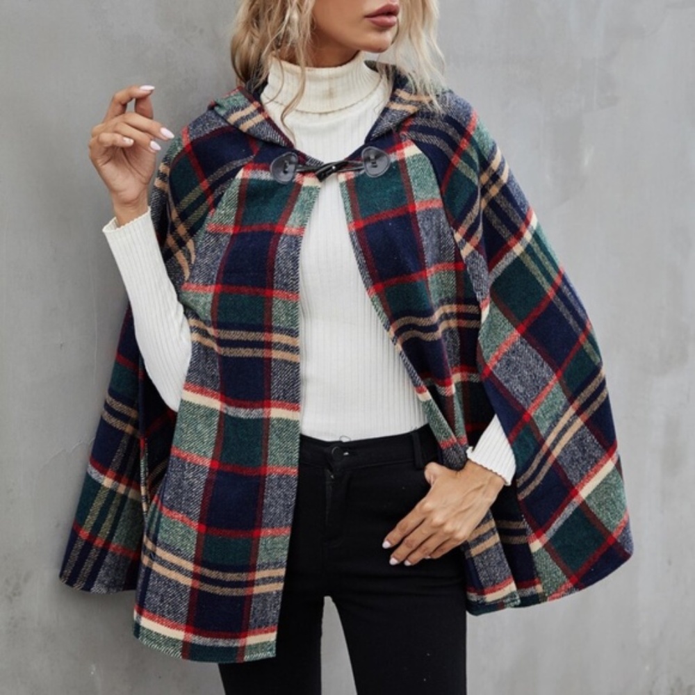Plaid green navy hoodie cape style jacket - Picture 1 of 4